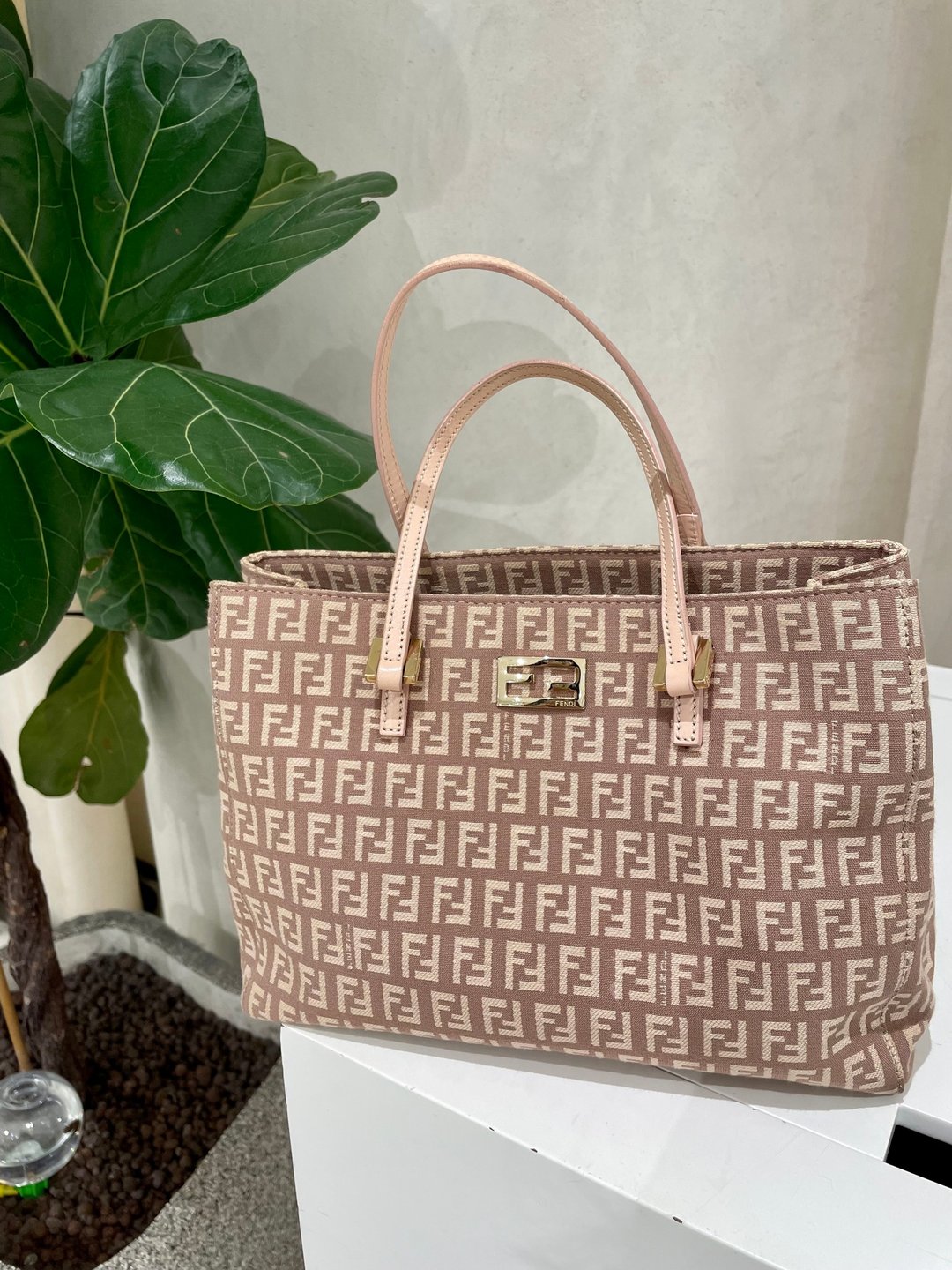 Fendi中古豆沙粉老花小号托特包 Fendi Vintage Pink Zucchino Zu - 手提包/手提袋 - 真皮 粉红色