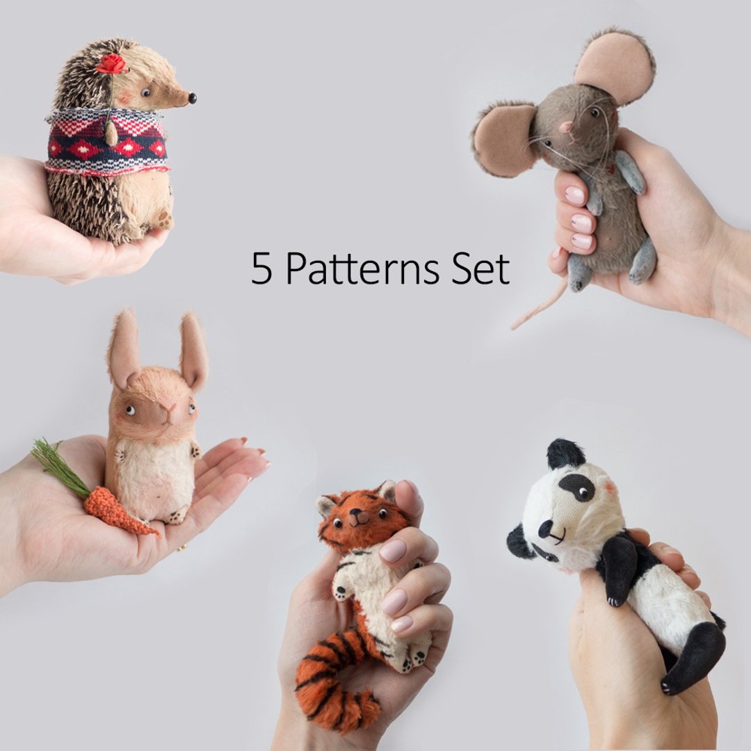 5 Sewing Patterns Set - Hedgehog, Mouse, Tiger, Rabbit & Panda - 手工艺教程/工具书 - 其他材质 