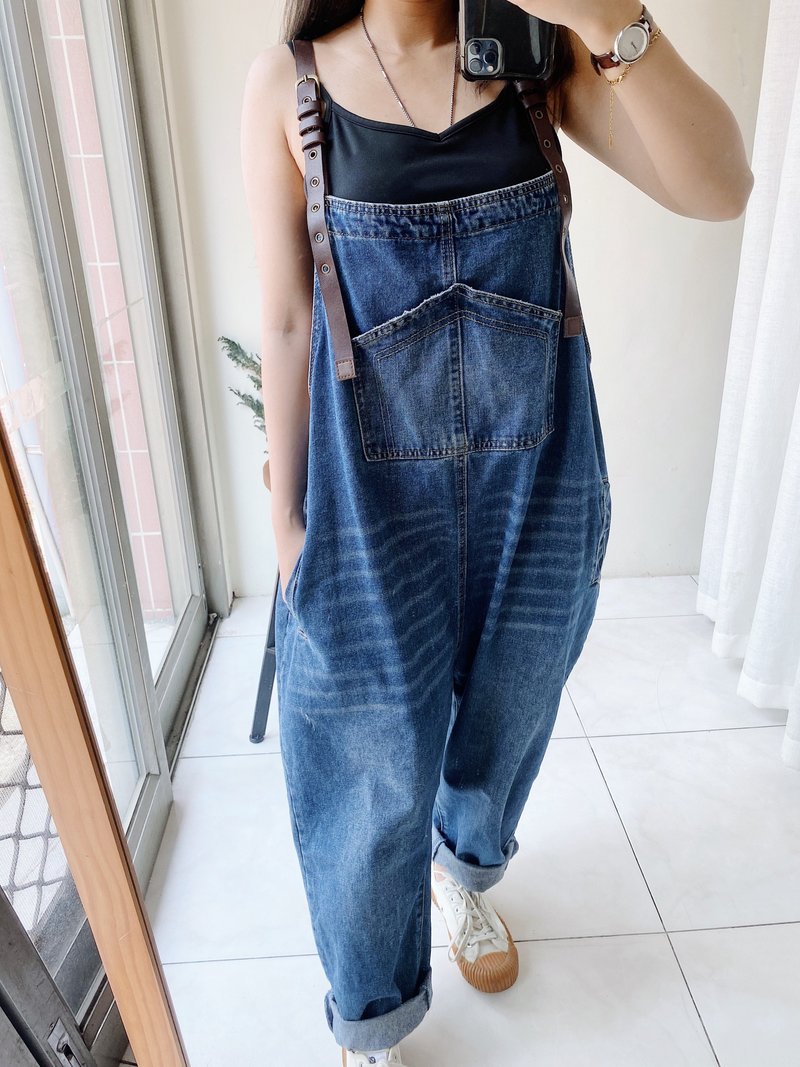海蓝刷色破坏宽松极大尺寸 古着棉质牛仔连身裤吊带裤 overalls - 背带裤/连体裤 - 棉．麻 蓝色