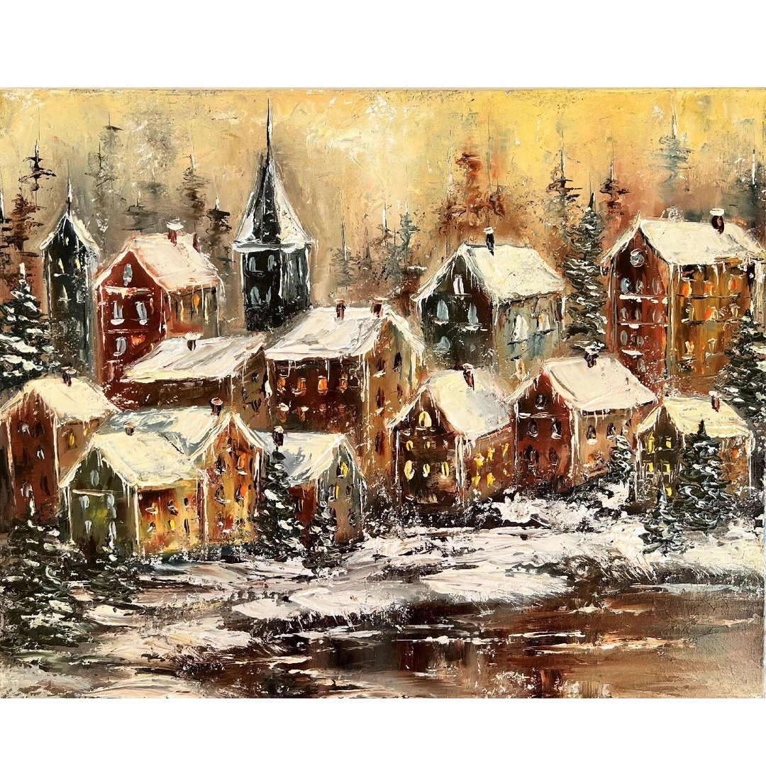 房屋绘画原创艺术冬季风景画 40x50 厘米/ 16 x 20 英寸 - 海报/装饰画/版画 - 棉 多色