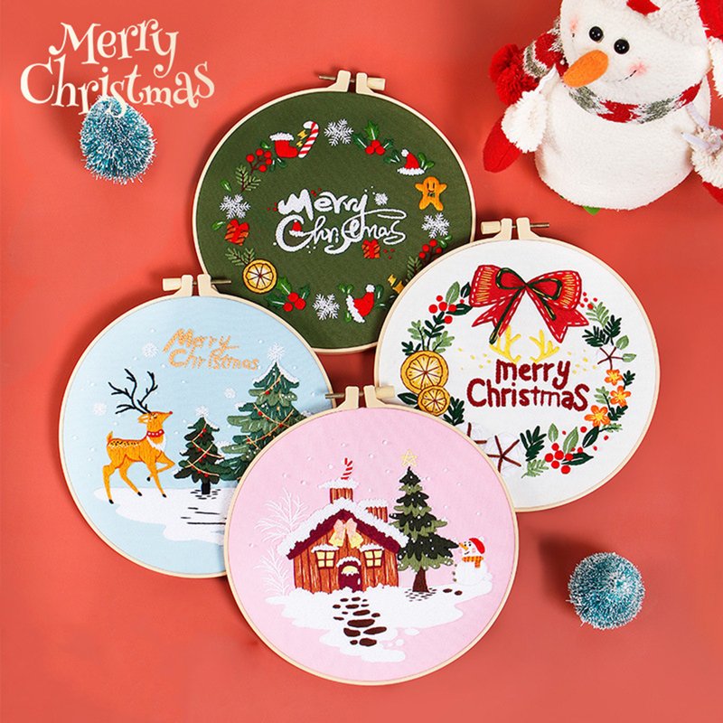 圣诞节手工刺绣diy材料包圣诞快乐树礼物麋鹿 - 编织/刺绣/羊毛毡/裁缝 - 棉．麻 