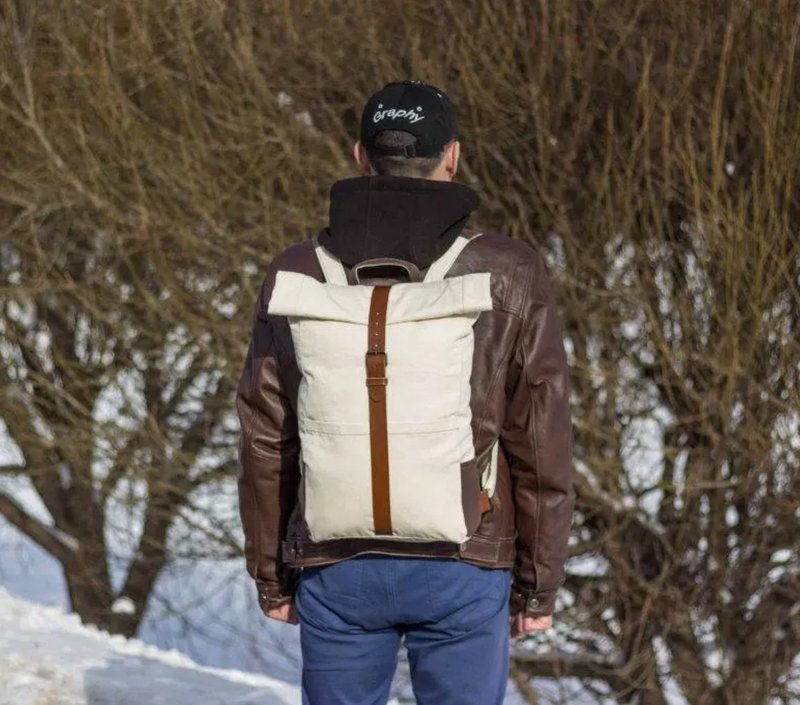 Handmade roll top backpack, Canvas leather backpack, Canvas rucksack - 后背包/双肩包 - 真皮 白色