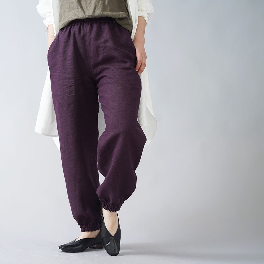 wafu --Ama 褲子 Midweight Linen Unisex Monpe Pants / Eggplant b005d-skn2 - 中性裤装 - 亚麻 紫色