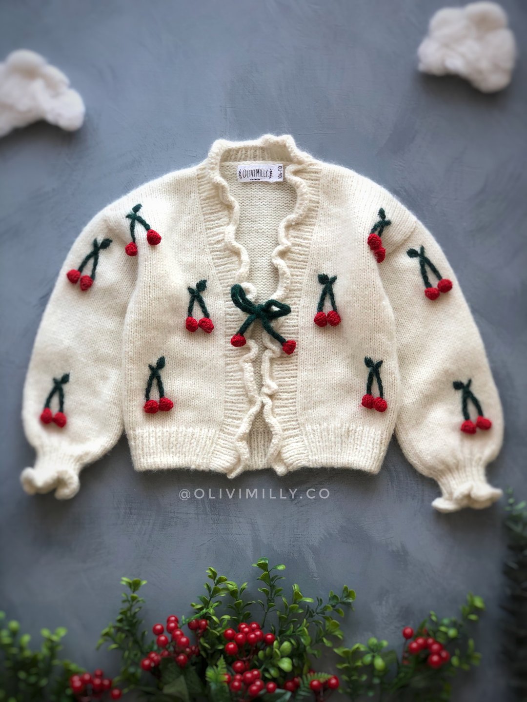 Cherries cardigan, Knitting cardigan, Kids cardigan, baby clothes,Cherries, Kids - 其他 - 羊毛 白色
