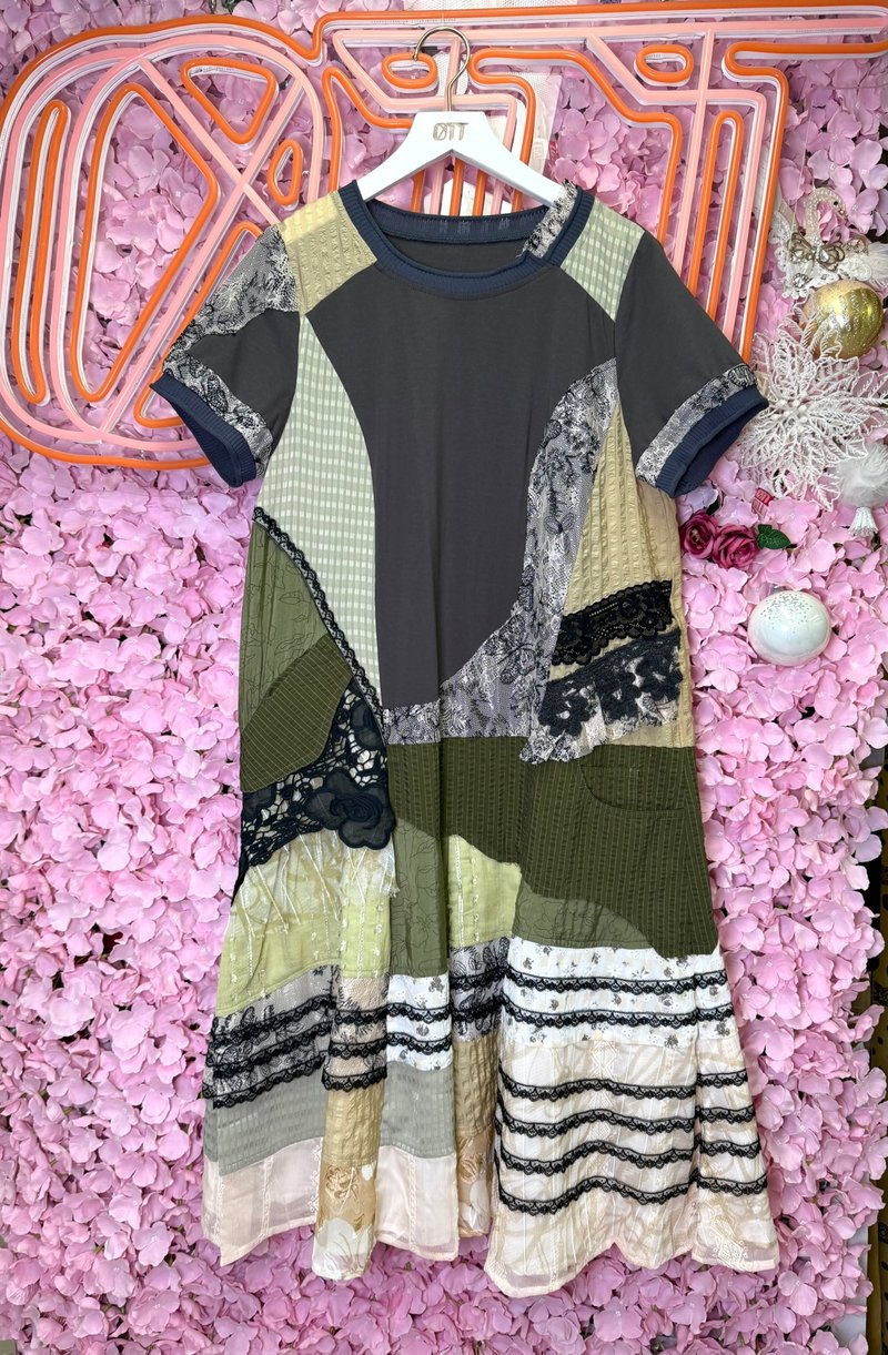 OTT只此1件•日系灰绿色拼布蕾丝印花手抅连衣裙 - 洋装/连衣裙 - 棉．麻 绿色