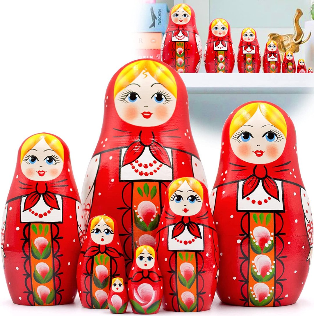 Nesting Dolls Set 7 pcs - Baboushka Nesting Dolls in Hand Painted Red Head Scarf - 玩具/玩偶 - 木头 红色