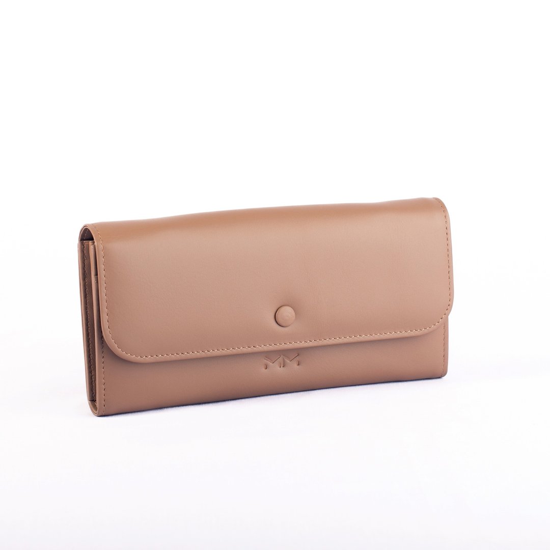 Lily.- Leather long wallet with crossbody strap in Taupe - 皮夹/钱包 - 真皮 