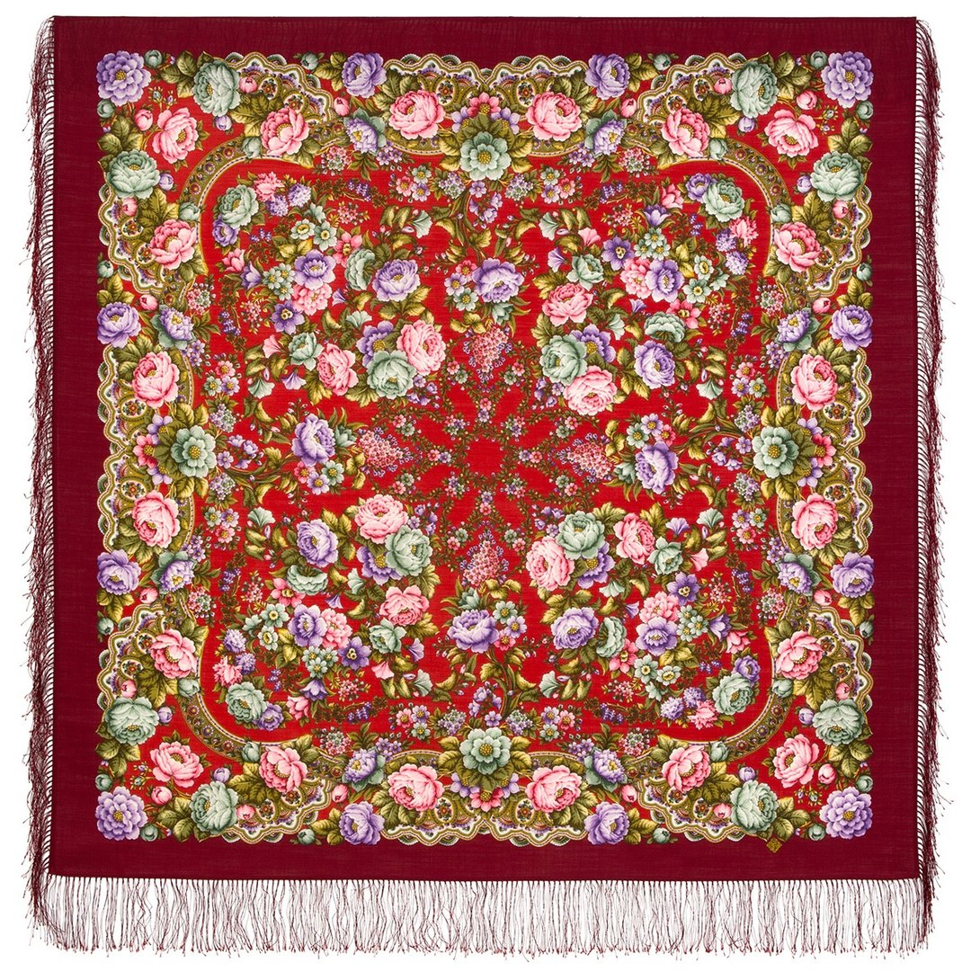 Pavlovo Posad 俄罗斯披肩 100% 羊毛围巾 125x125 厘米 蚕丝流苏 款式 2000-6 - 丝巾 - 羊毛 红色