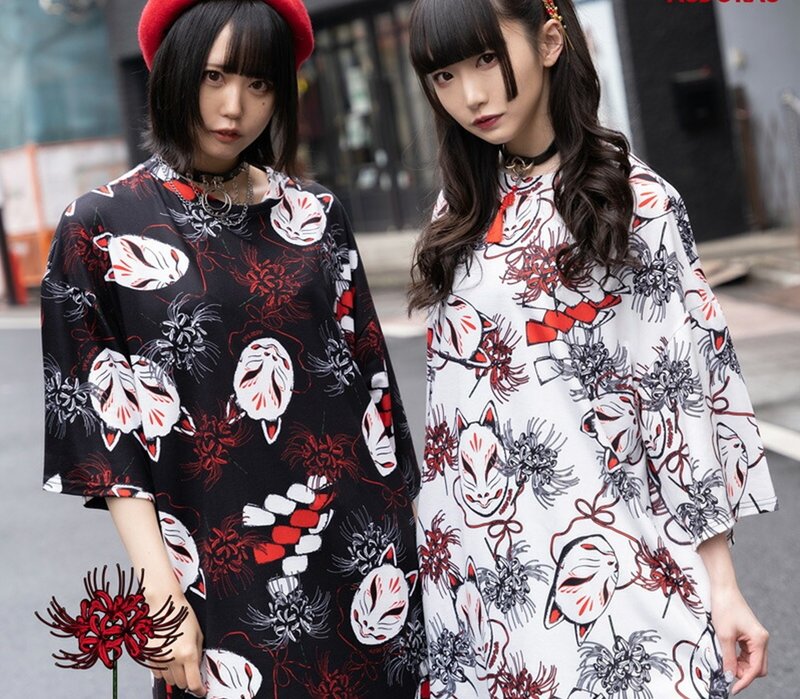 黄泉彼岸花妖狐新娘面具和风印花oversize宽松短袖t恤【JA0391】 - 女装 T 恤 - 聚酯纤维 