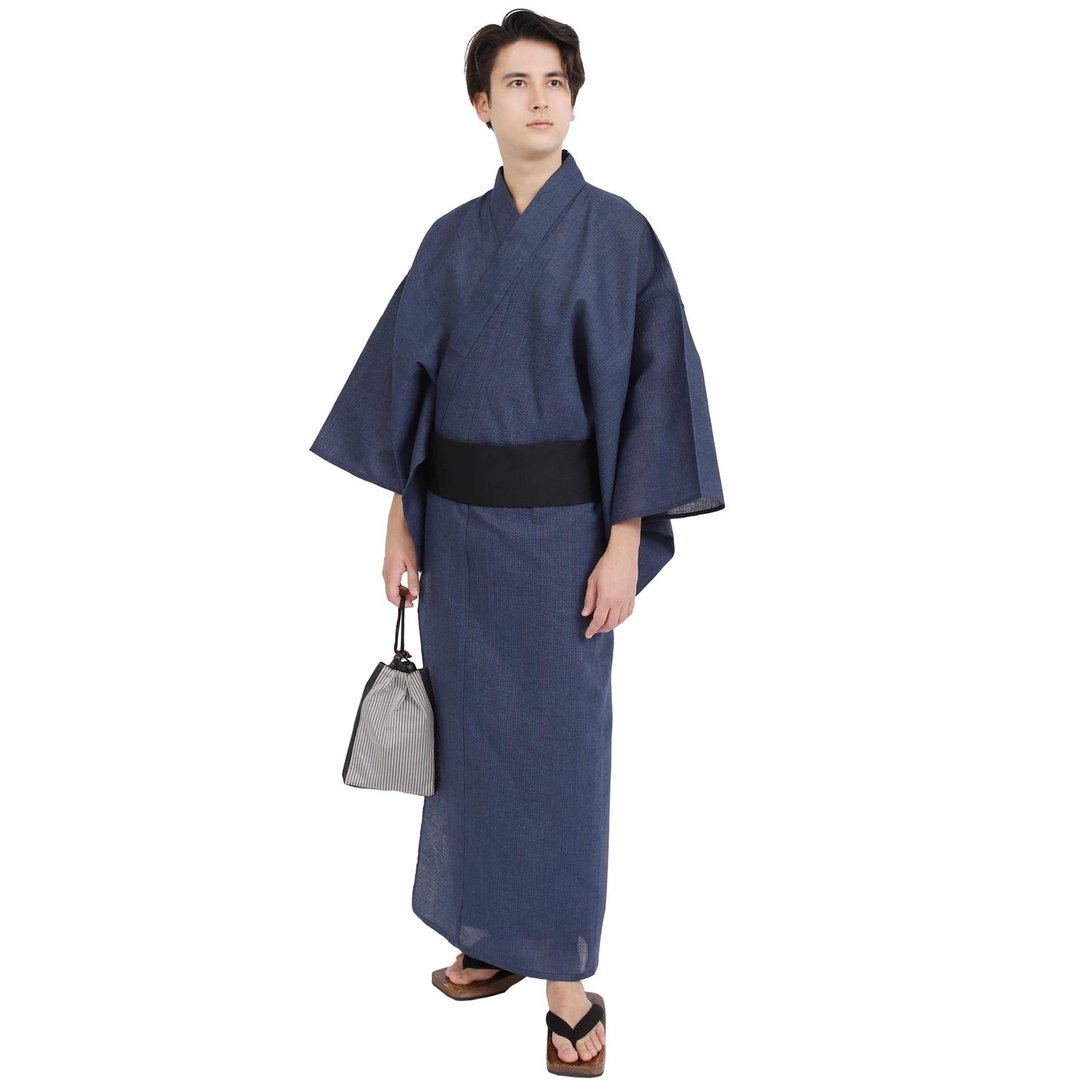 日本 和服 男 绵麻 浴衣 腰封 2 件 套组 S-LL WN06 - 其他 - 棉 蓝色