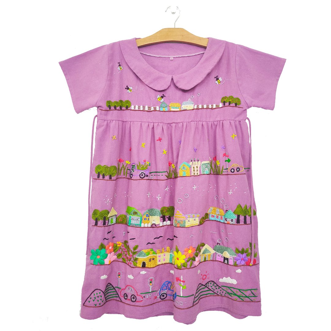 Custom Order | No.STA0217 A-line dress, lotus neck, thick cotton, hand Embroidery thread, Chomchon pattern. - 洋装/连衣裙 - 绣线 紫色