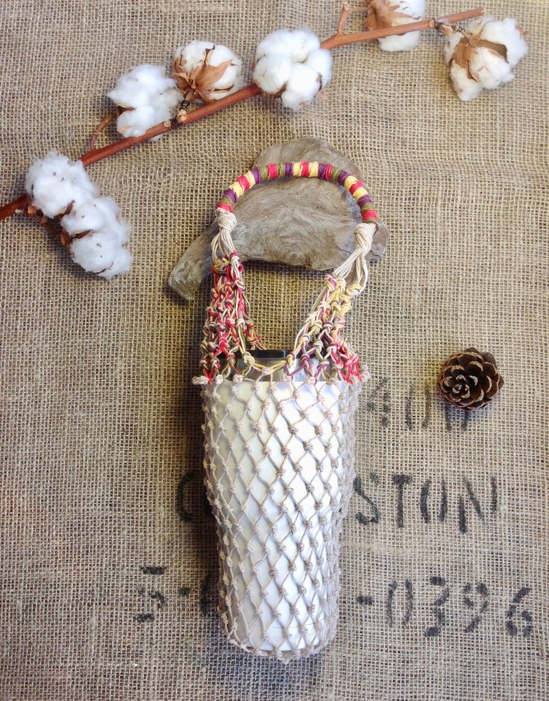 M型 美国麻线手工编织环保袋-原麻和深秋色-酒瓶袋-手摇杯-冰坝杯 - 随行杯提袋/水壶袋 - 棉．麻 白色