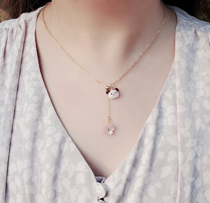 原创手绘熊猫可调节樱花吊坠Y字颈链 -珠光粉/珠光白 - 项链 - 树脂 粉红色