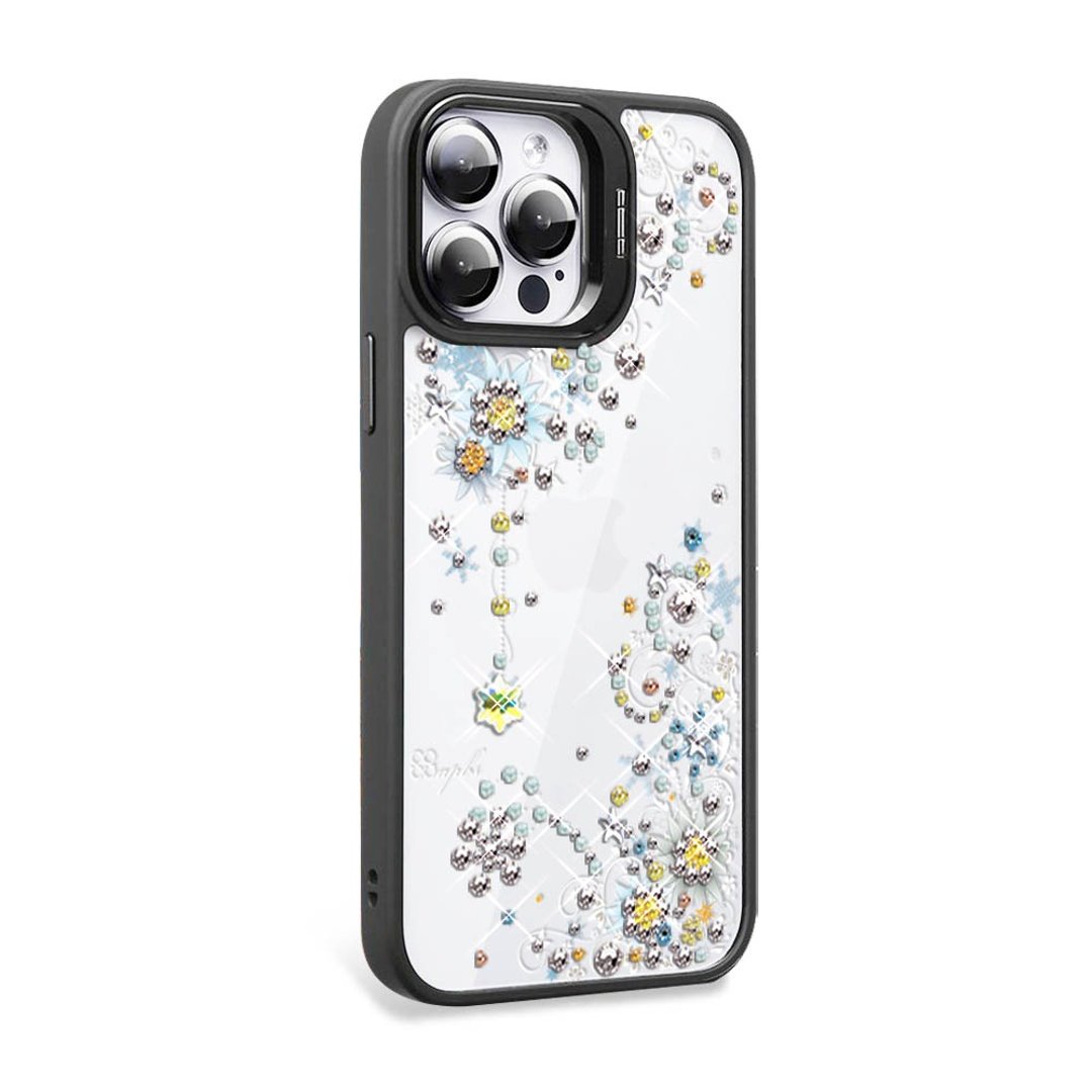 iPhone 15系列 防震双料隐形立架彩钻手机壳-雪绒花-黑框 - 手机壳/手机套 - 其他材质 多色