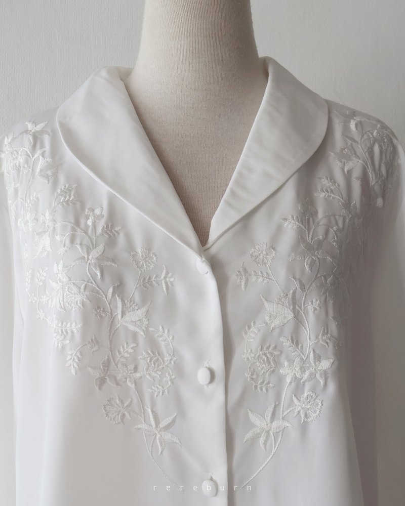 复古刺绣领韩国制宽松欧美版型长袖白色古着衬衫 - 女装衬衫 - 聚酯纤维 白色