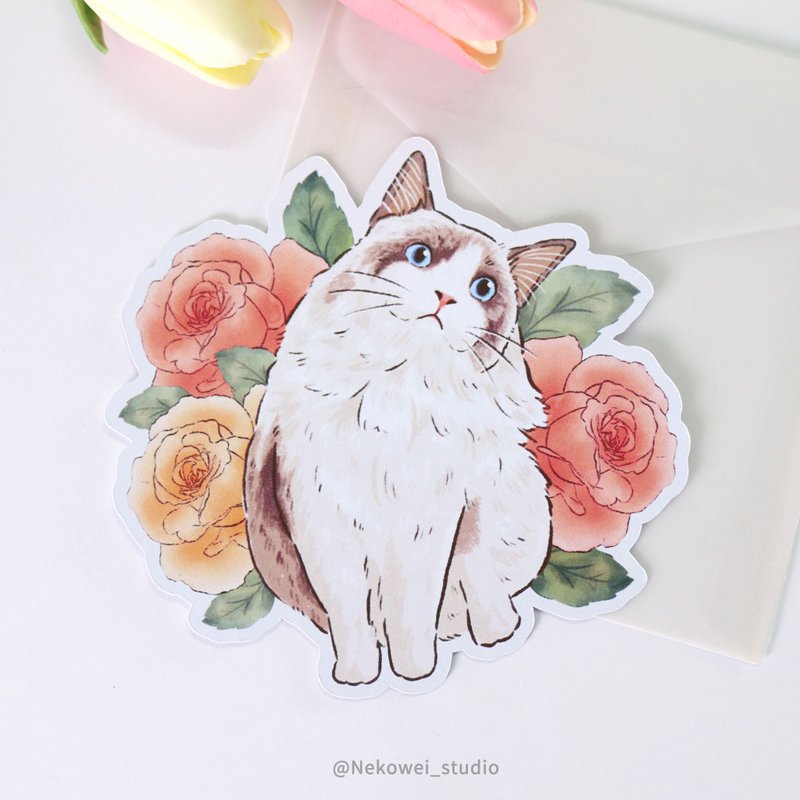 造型明信片 玫瑰花与布偶猫 附信封袋 猫咪 猫猫 万用卡 书签 - 卡片/明信片 - 纸 粉红色