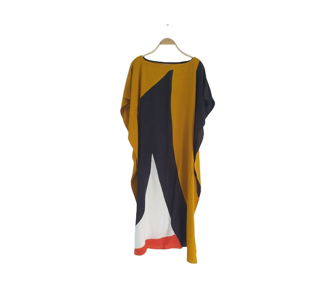 Hand Painted Cotton Rayon Kaftan for Summer Resort Vacation- - 洋装/连衣裙 - 棉 黑色