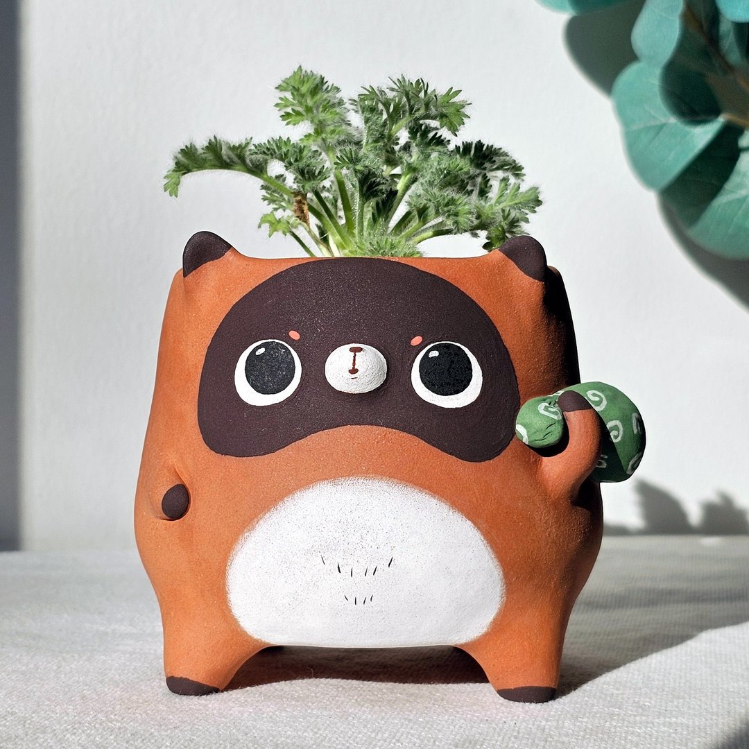 Robber tanuki plant pot. Handmade succulent planter. - 花瓶/陶器 - 陶 