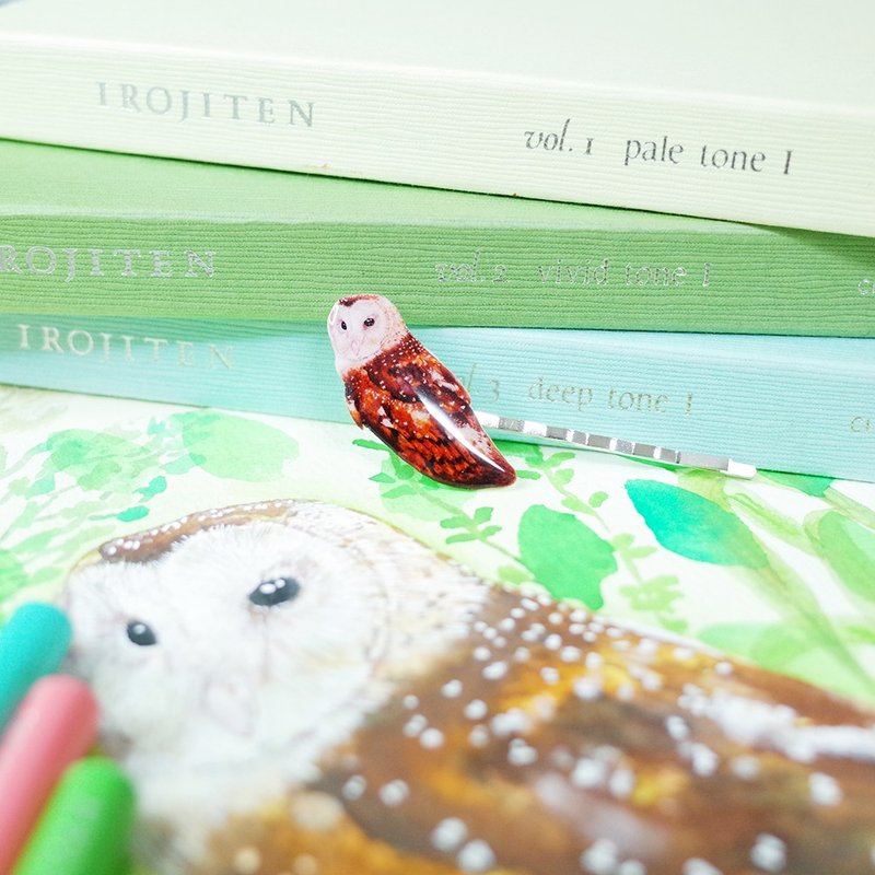 台湾特有亚种 东方草鸮 绘画一字夹 发夹 - 发饰 - 防水材质 咖啡色