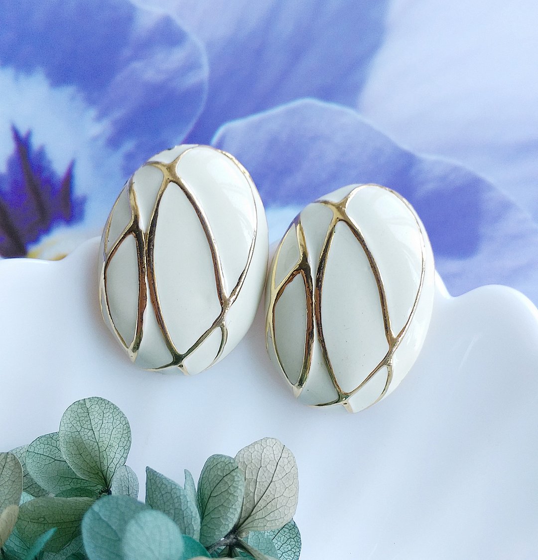 Vintage Jewelry 西洋古董饰品 复古 简约 白珐琅 知性 针式耳环 - 耳环/耳夹 - 其他金属 透明