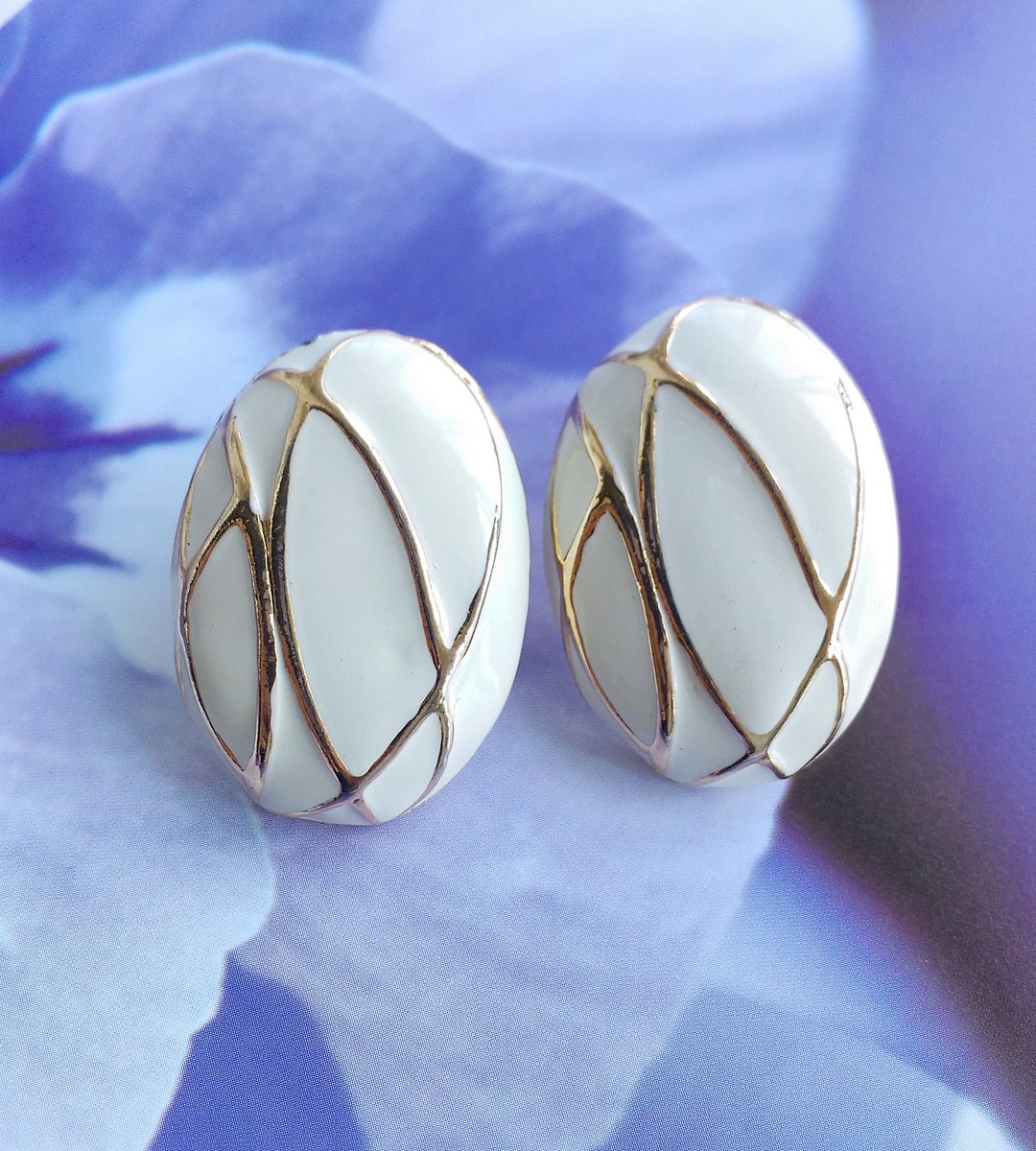 Vintage Jewelry 西洋古董饰品 复古 简约 白珐琅 知性 针式耳环 - 耳环/耳夹 - 其他金属 透明
