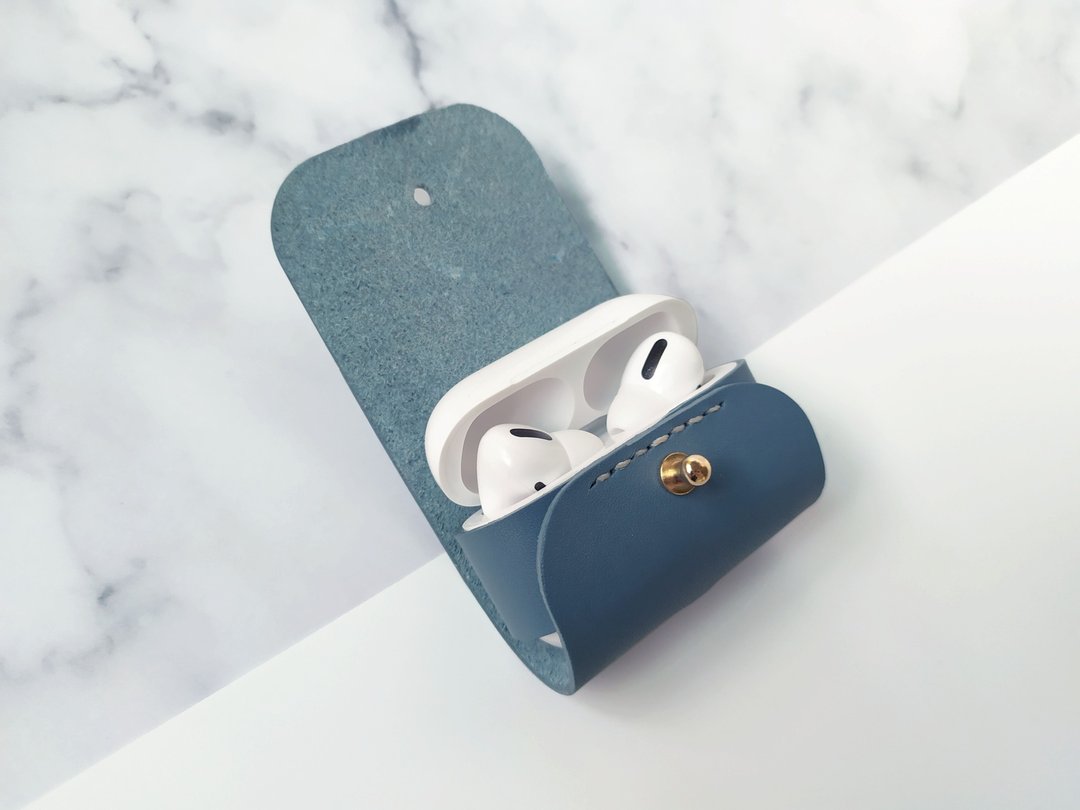 Airpods pro / 皮套 / 真皮 / 皮革手作 / 气质灰蓝 - 钥匙链/钥匙包 - 真皮 蓝色