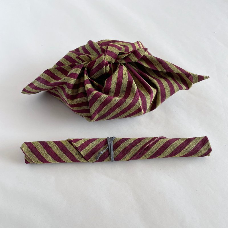 [独一无二] 午餐袋套装，Azuma 包和筷子包，棉质和服布料，紫色和黄色条纹 - 便当盒/饭盒 - 棉．麻 紫色