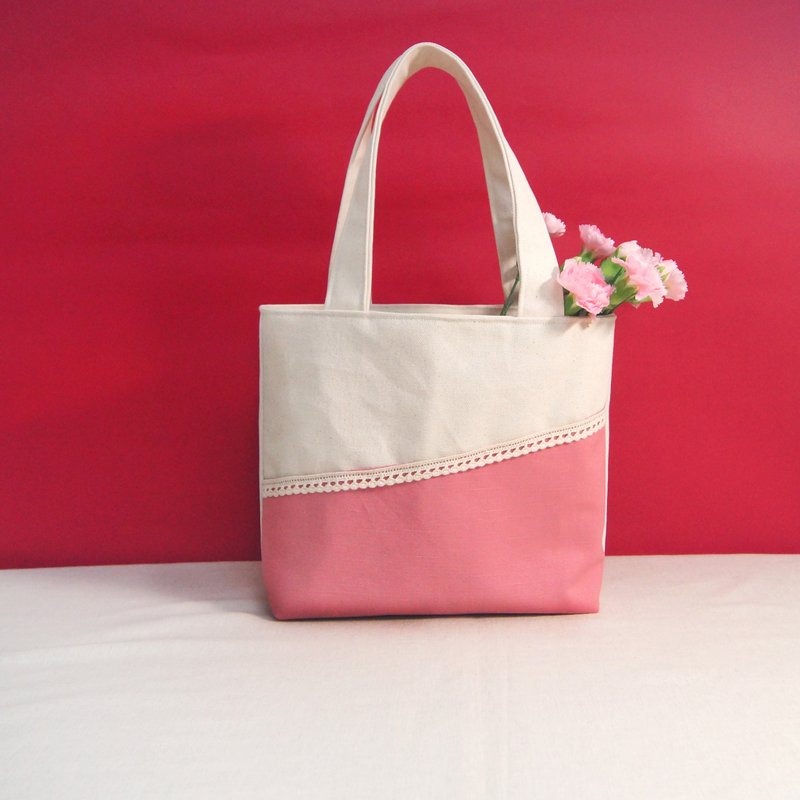 现货手作母亲节系列斜边粉红小型手提袋肩背袋(附赠礼物包装) - 手提包/手提袋 - 棉．麻 粉红色