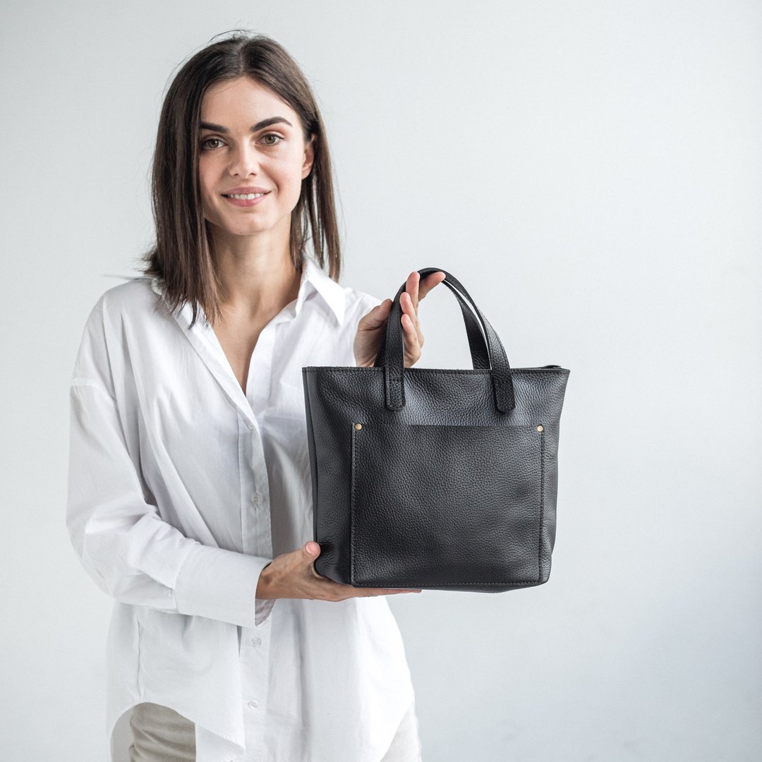 Black Pebbled Leather Tote Bag | Leather Women's Mini Tote Bag for Everyday Use - 手提包/手提袋 - 真皮 黑色