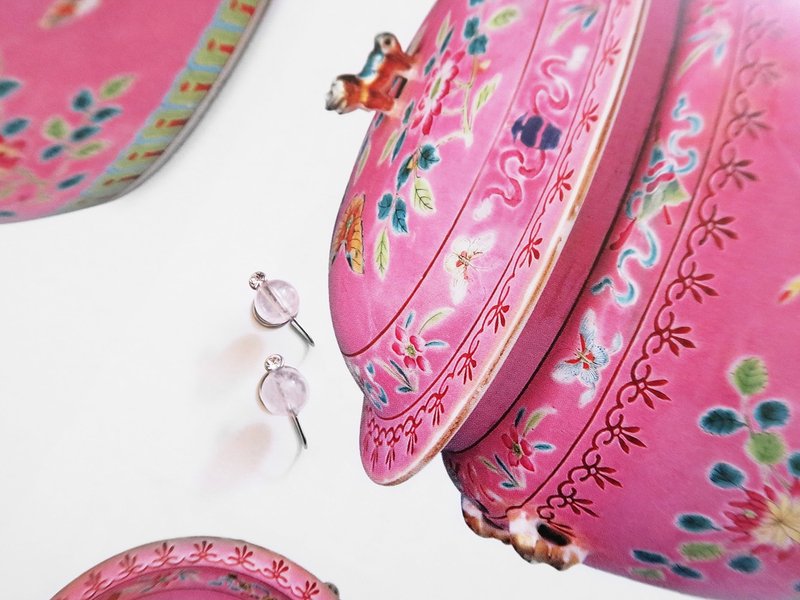 盖盅甜蜜蜜系列 | 粉红晶 不锈钢耳环 - 耳环/耳夹 - 其他金属 粉红色