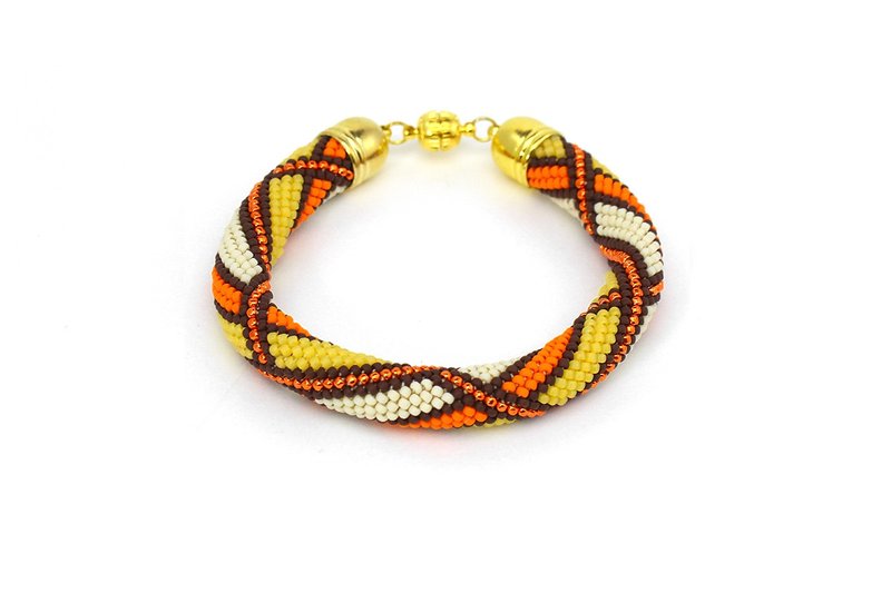 Bright Beaded Bracelet Seed Bead Rope Statement Beed Crocheted Jewelry - 手链/手环 - 琉璃 橘色