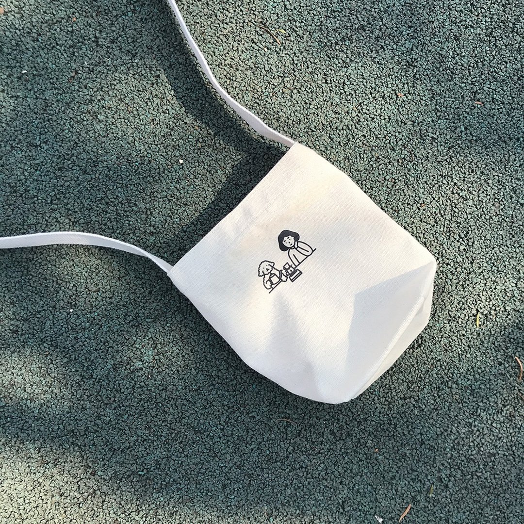 Tumbler bag / cross body bag / Coffee time - 随行杯提袋/水壶袋 - 棉 白色