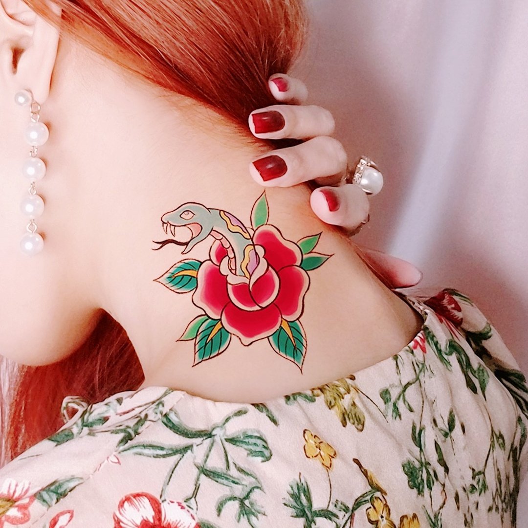 暗黑甜美风插画 玫瑰毒蛇 纹身贴纸 - 纹身贴 - 纸 