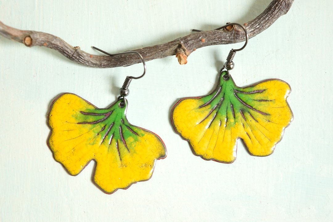 Ginkgo Biloba Enamel Earrings, - 耳环/耳夹 - 珐琅 黄色