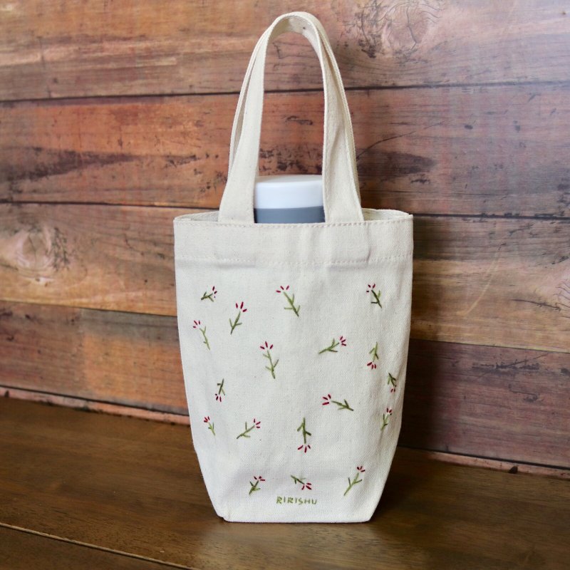 手工刺绣 小小花 饮料帆布提袋 - 随行杯提袋/水壶袋 - 棉．麻 