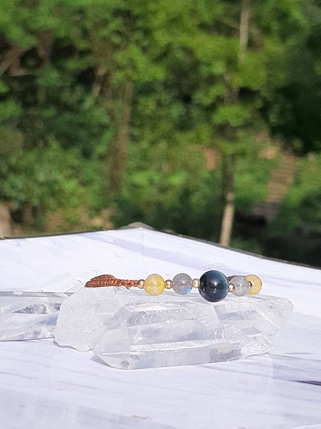 蓝虎眼石, 拉长石,金发晶 可定制 编织手环 - 手链/手环 - 宝石 咖啡色