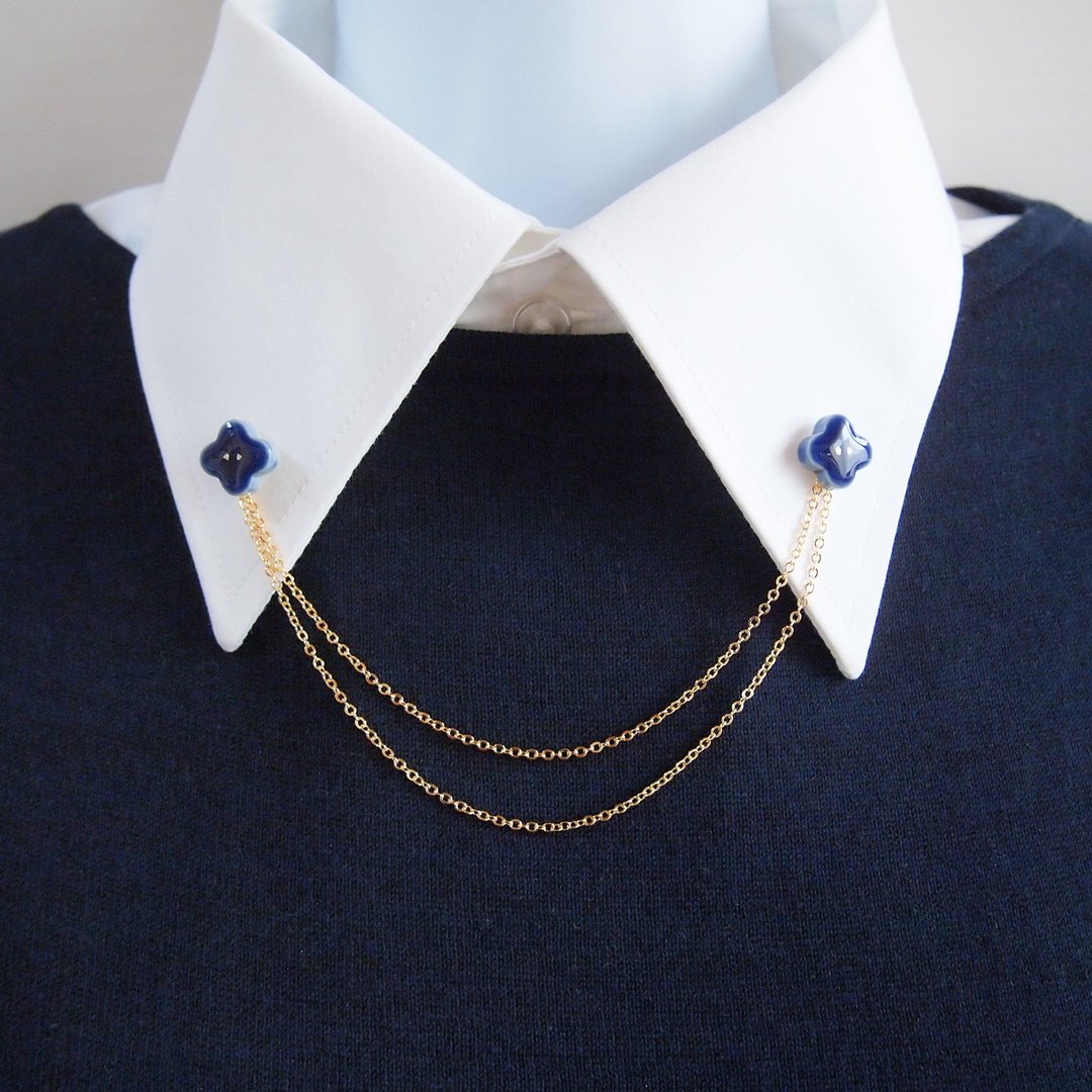 Mino Ware Small Flower Collar Chain Brooch 3way (Navy) - 胸针 - 瓷 蓝色
