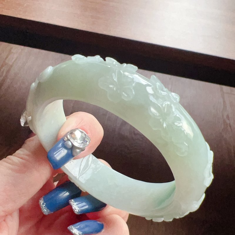 冰种飘花翡翠雕花手镯 | 16.5围 |天然缅甸玉翡翠A货 | 送礼 - 手链/手环 - 玉石 多色