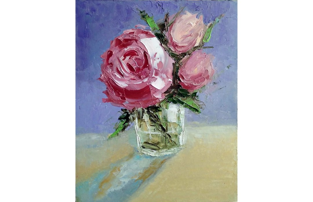 Roses Bouquet Original Oil Painting, Floral Wall Art, Flower Picture. 手工油畫, 油畫原 - 海报/装饰画/版画 - 其他材质 多色