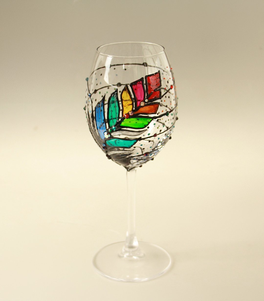 Rainbow feather peacock Wine Glass, Hand-painted - 酒杯/酒器 - 玻璃 多色