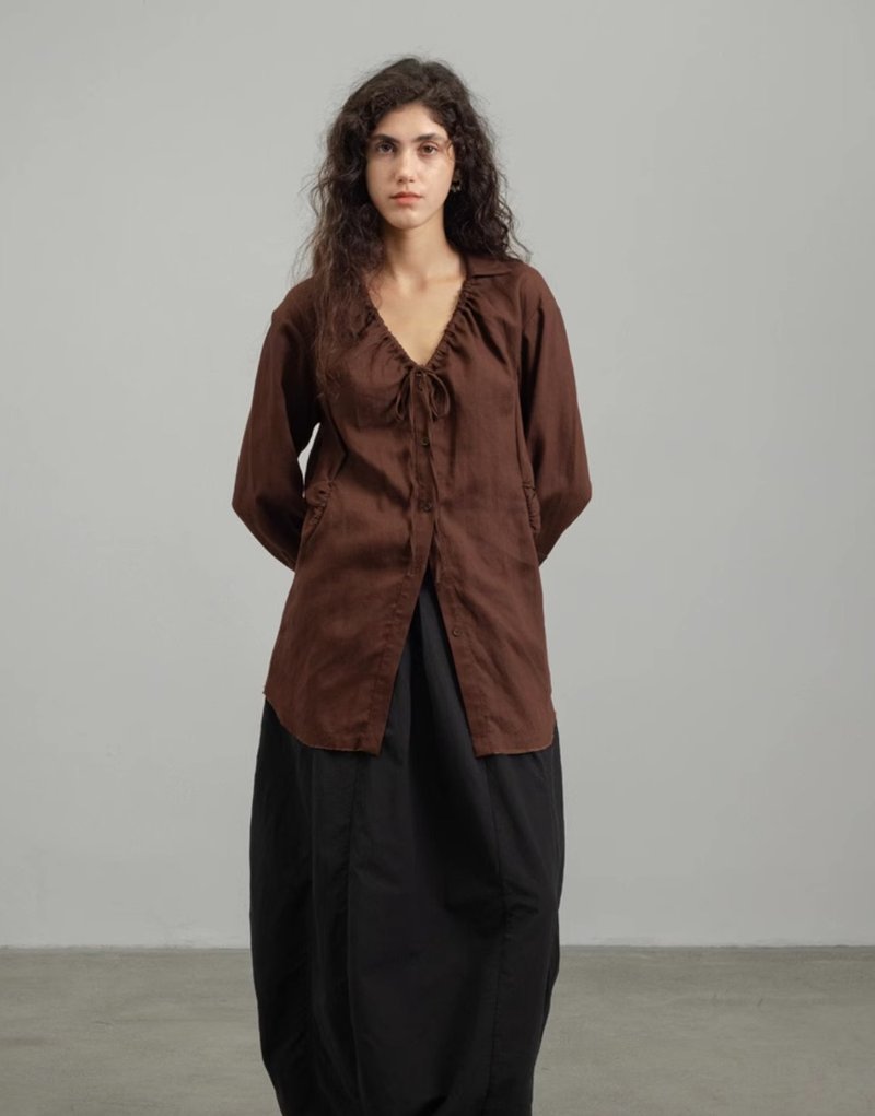 法式复古 抽绳绑带寬鬆衬衫 - 女装衬衫 - 其他材质 红色