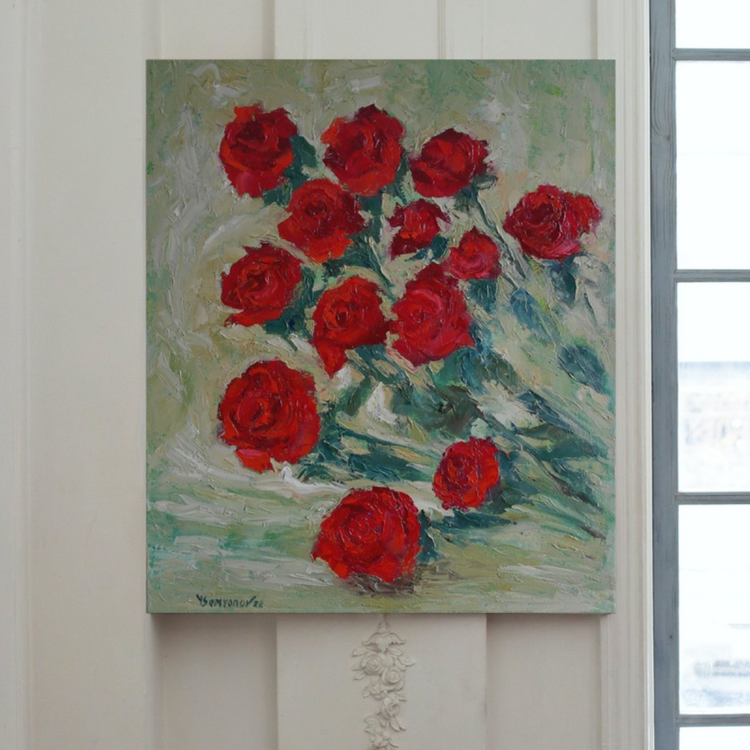 Roses Flowers Original Art Oil Painting Wall Decor Red Roses - 海报/装饰画/版画 - 其他材质 红色