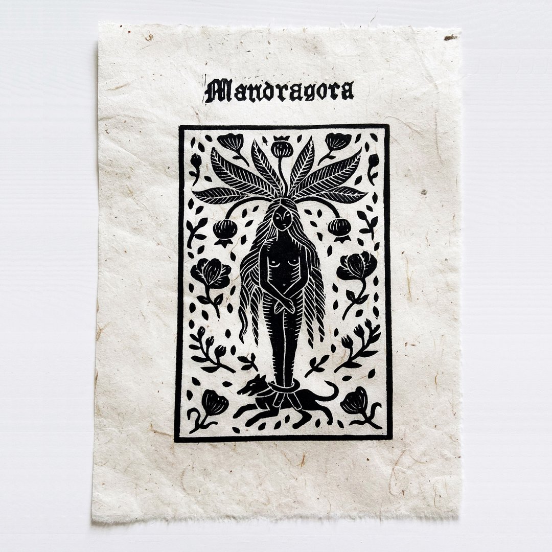 Mandragora Linoprint Medieval Gothic art handmade lino print 16x23 cm - 墙贴/壁贴 - 纸 