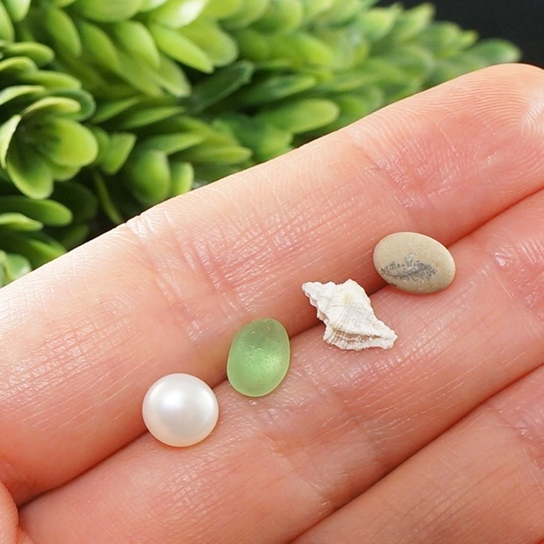 纯银耳环四件组｜海玻璃、珍珠、贝壳、鹅卵石针式耳环 - 耳环/耳夹 - 其他材质 绿色