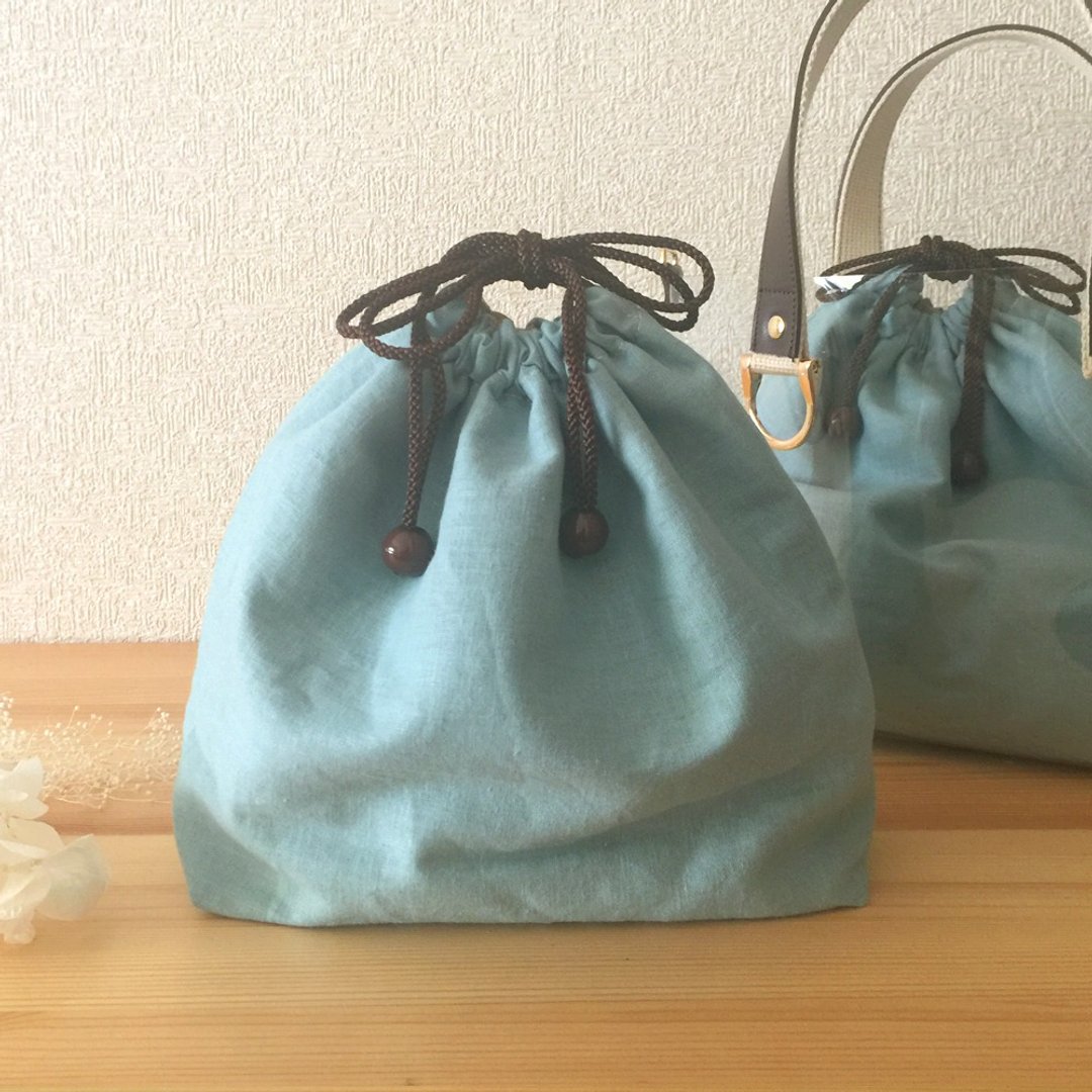 Drawstring Bag linen - smoky blue - for Clear Tote Bag - 化妆包/杂物包 - 棉 蓝色