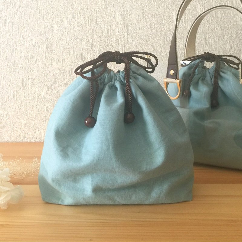 Drawstring Bag linen - smoky blue - for Clear Tote Bag - 化妆包/杂物包 - 棉 蓝色