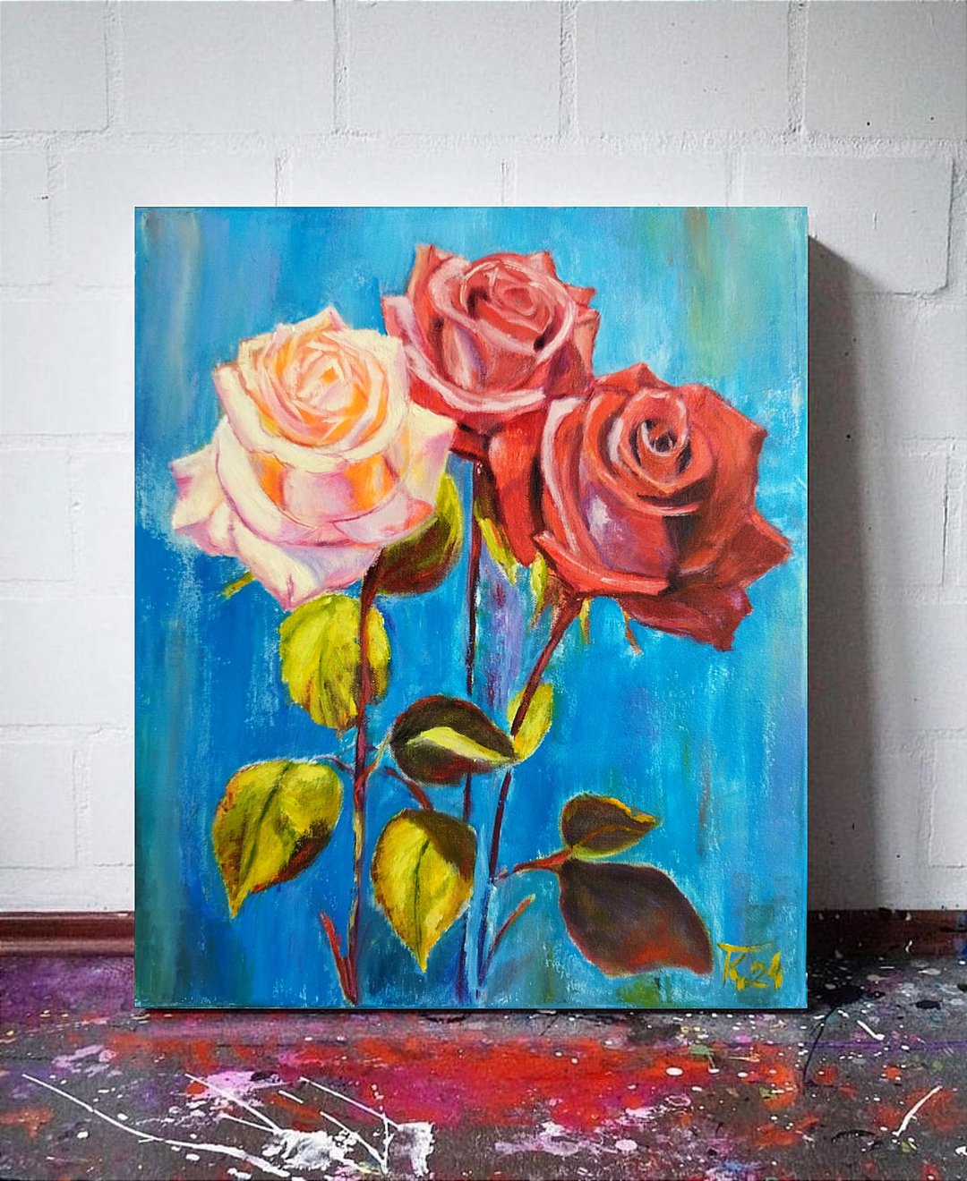 Original painting on canvas with roses, still life with flow - 海报/装饰画/版画 - 棉 