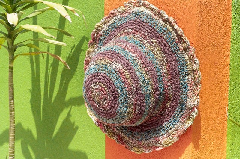 情人节礼物 手工编织棉麻帽/编织帽/渔夫帽/遮阳帽/草帽/草编帽 - 童趣色森林风 花边缤纷条纹 - 帽子 - 棉．麻 多色