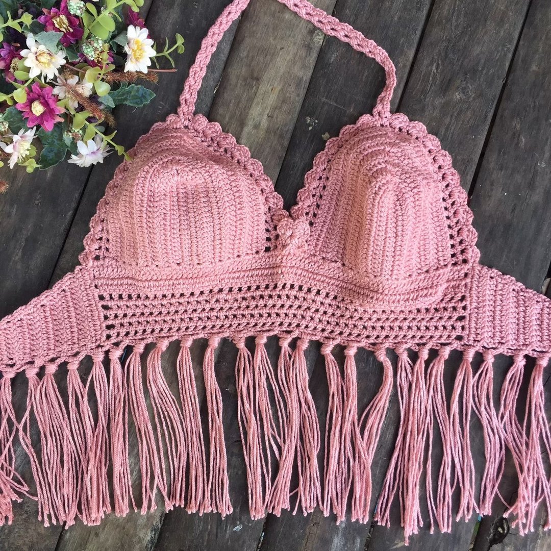 Crochet crop top for beach - 女装泳衣/比基尼 - 羊毛 粉红色