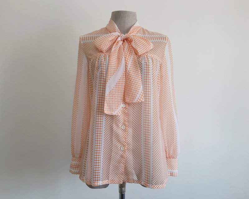 复古橘白圆点领结雪纺轻纱女衬衫 XS - 女装上衣 - 聚酯纤维 橘色